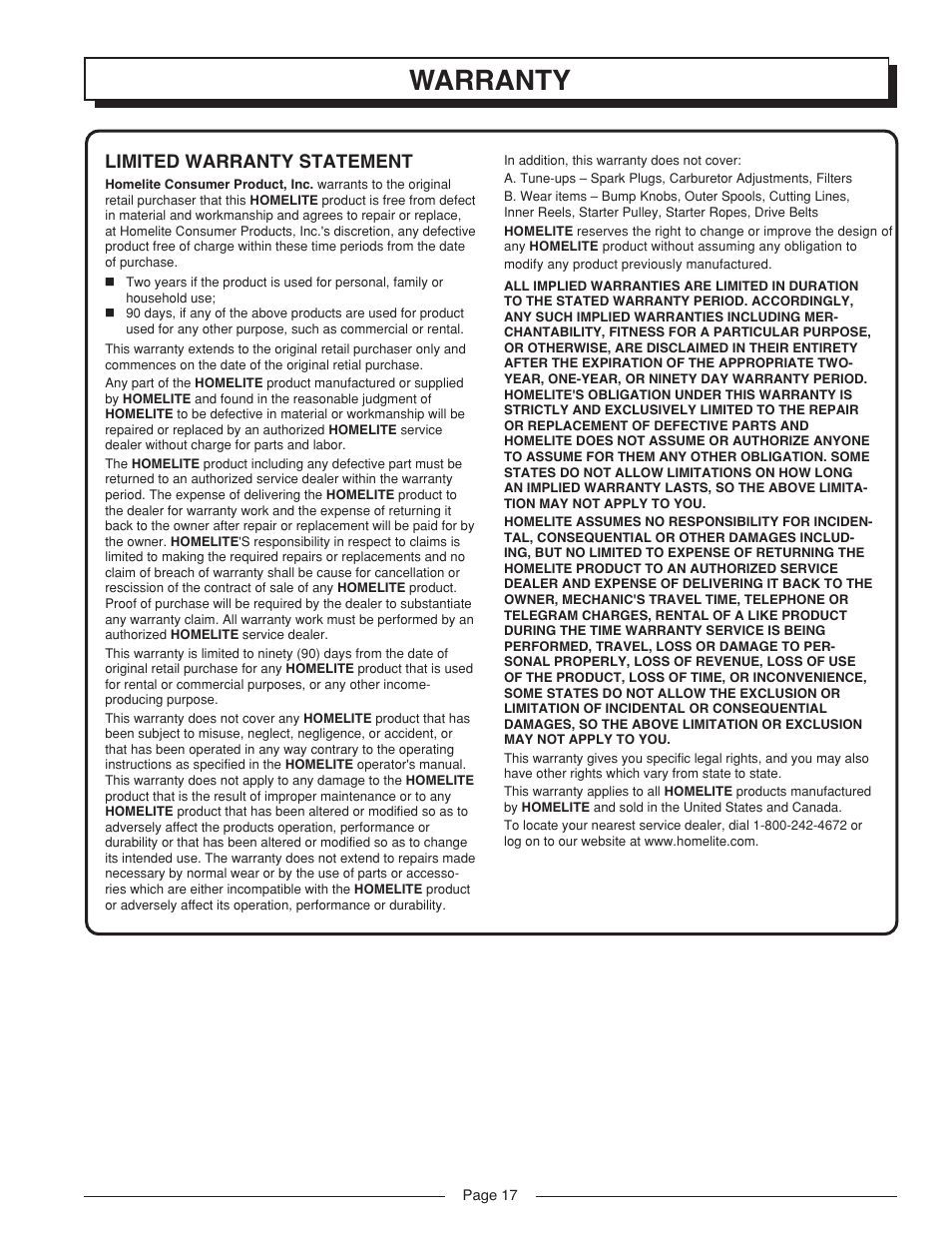 Warranty | Homelite VERSALITE UT41002A User Manual | Page 17 / 18