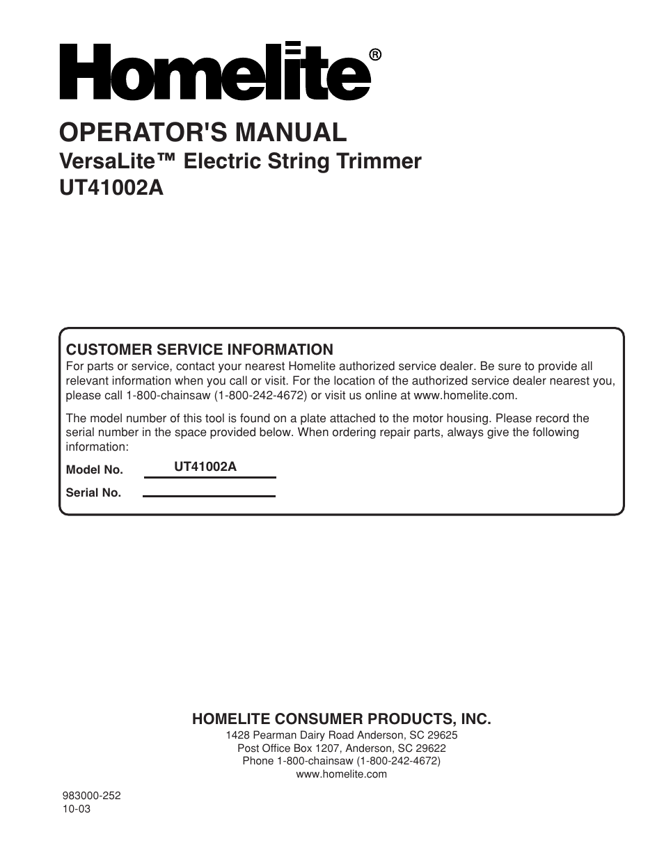 Operator's manual | Homelite VERSALITE UT41002A User Manual | Page 18 / 18
