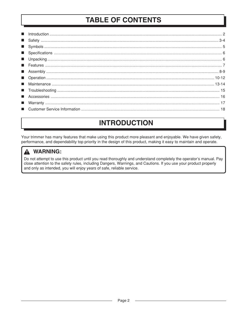 Table of contents introduction, Warning | Homelite VERSALITE UT41002A User Manual | Page 2 / 18