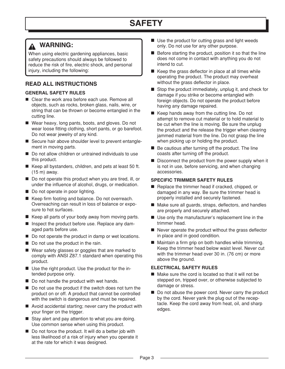 Safety, Warning | Homelite VERSALITE UT41002A User Manual | Page 3 / 18
