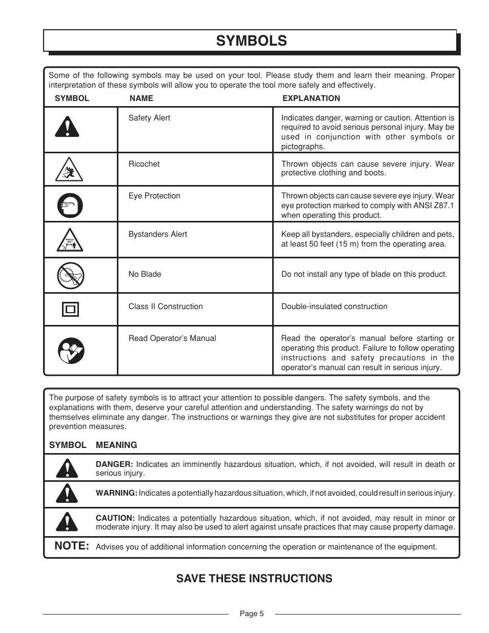Symbols, Save these instructions | Homelite VERSALITE UT41002A User Manual | Page 5 / 18