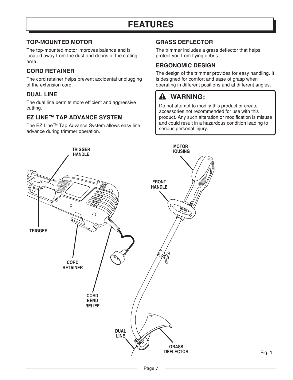 Features, Warning | Homelite VERSALITE UT41002A User Manual | Page 7 / 18