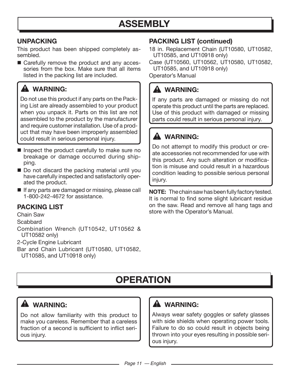 Assembly operation | Homelite UT10582 User Manual | Page 11 / 124