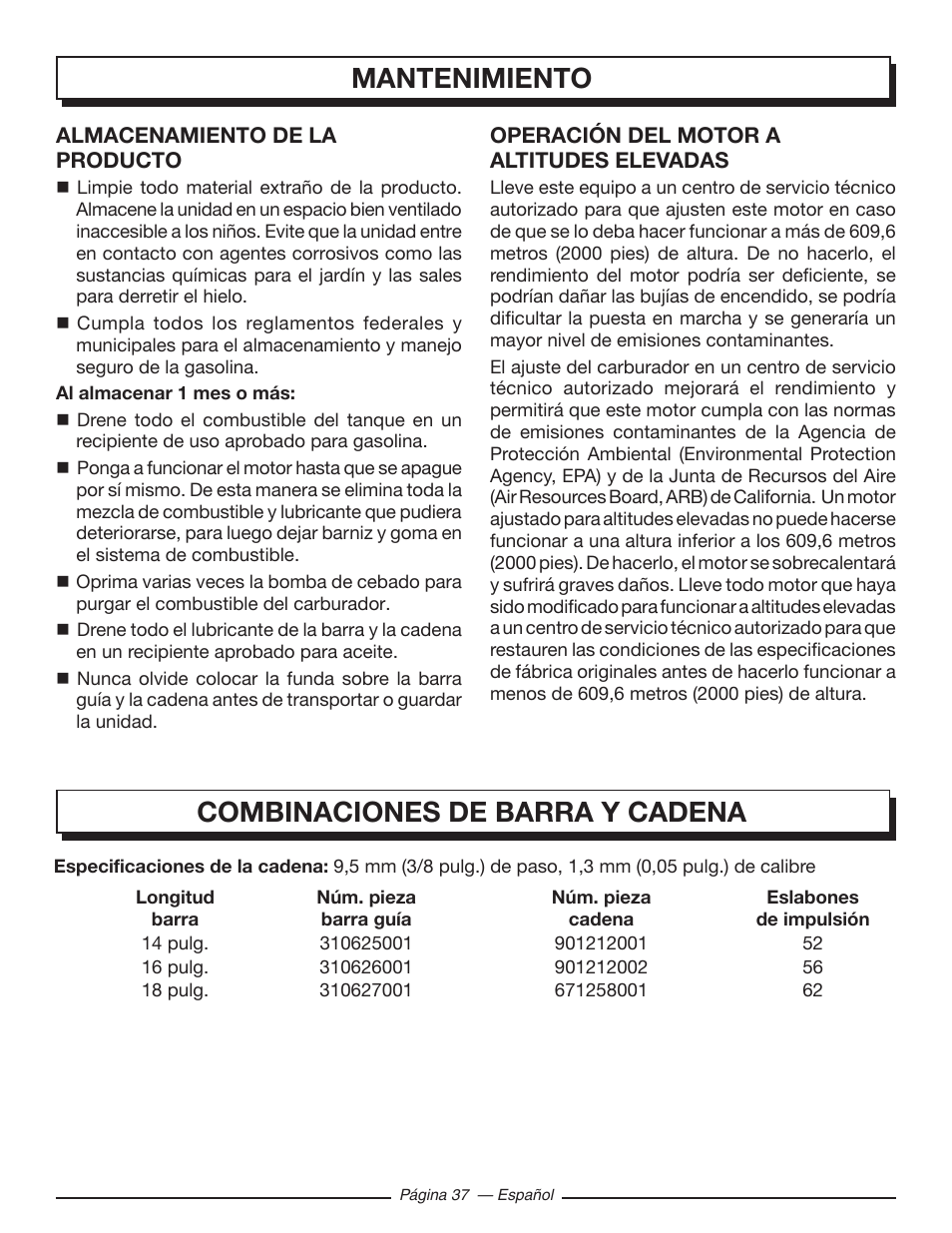 Mantenimiento, Combinaciones de barra y cadena | Homelite UT10582 User Manual | Page 118 / 124