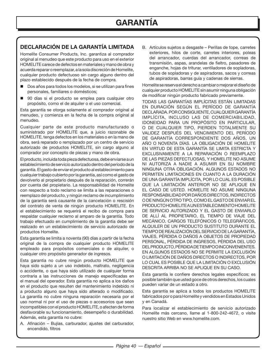 Garantía | Homelite UT10582 User Manual | Page 121 / 124