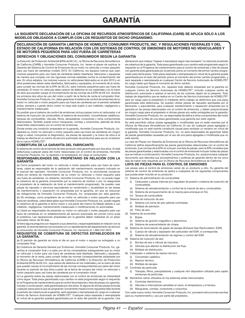 Garantía, Página 41 — español | Homelite UT10582 User Manual | Page 122 / 124