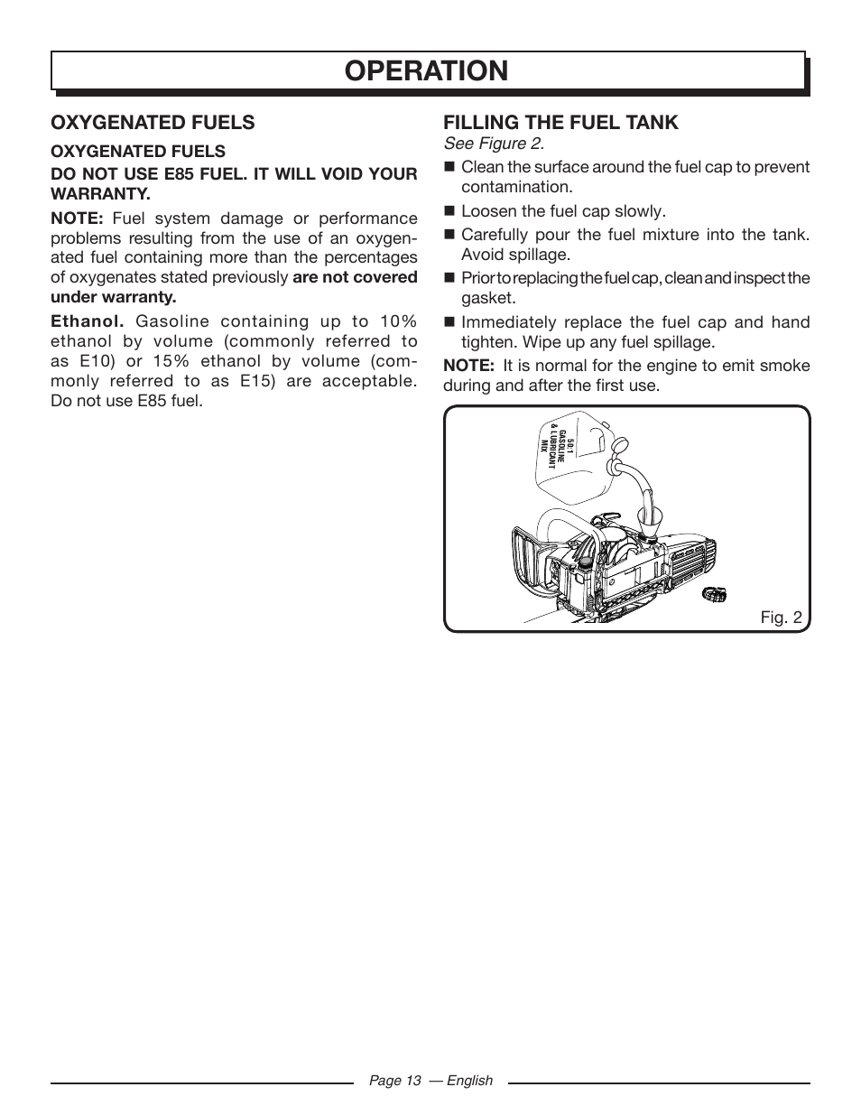 Operation, Oxygenated fuels, Filling the fuel tank | Homelite UT10582 User Manual | Page 13 / 124