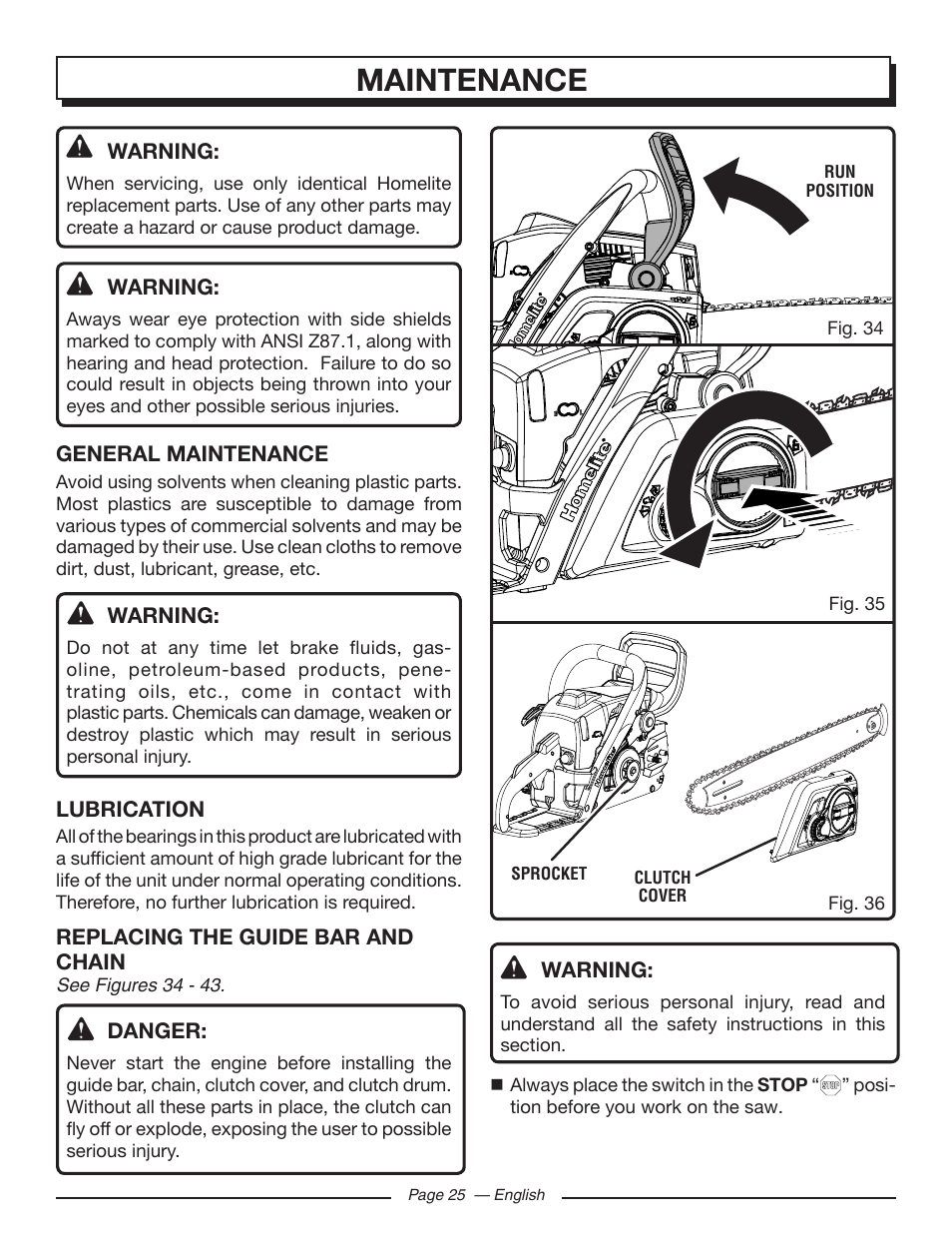 Maintenance | Homelite UT10582 User Manual | Page 25 / 124