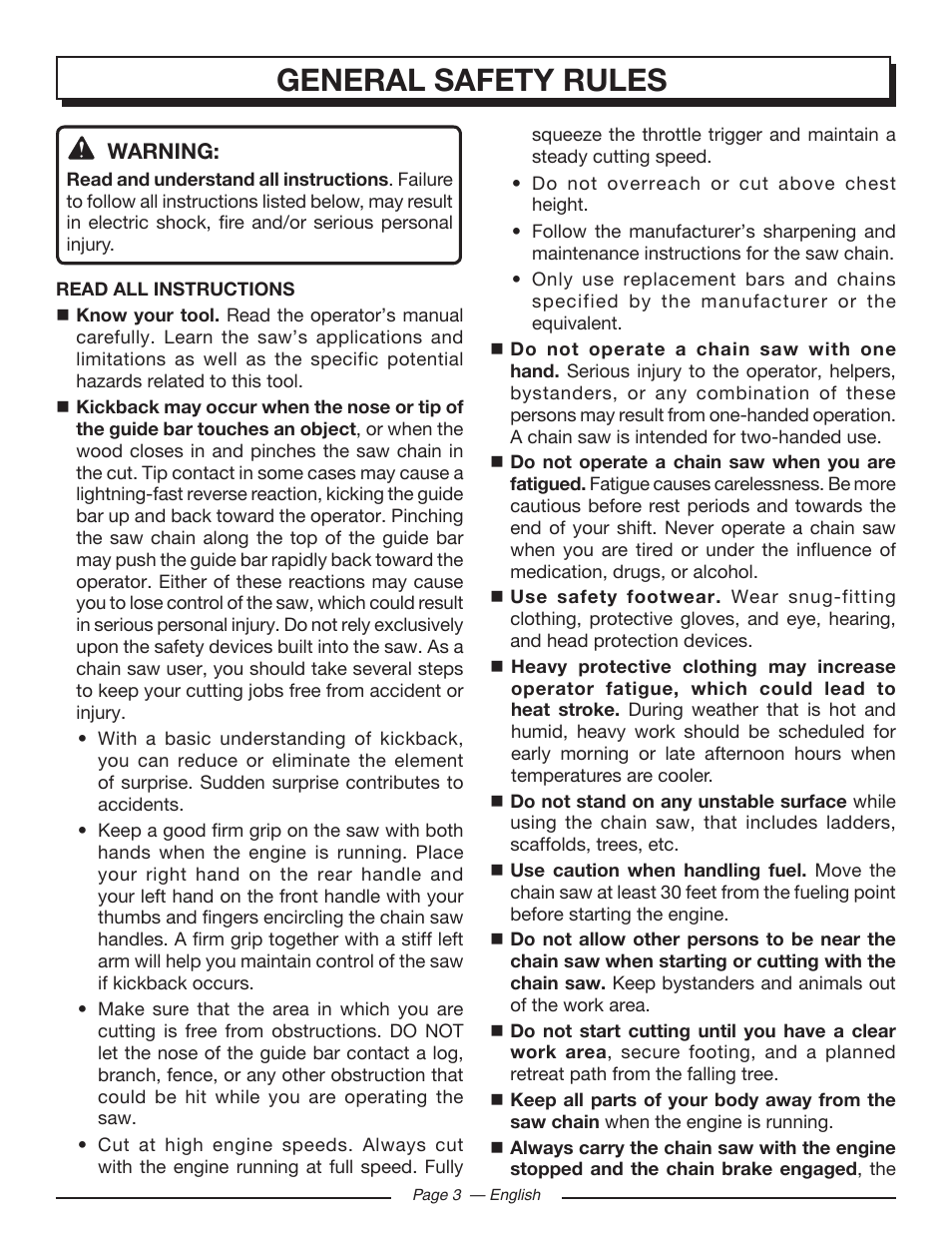 General safety rules | Homelite UT10582 User Manual | Page 3 / 124