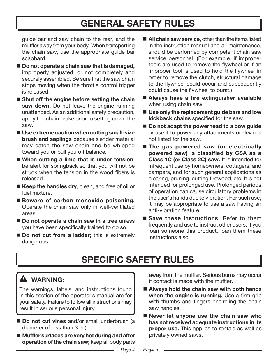 General safety rules, Specific safety rules | Homelite UT10582 User Manual | Page 4 / 124