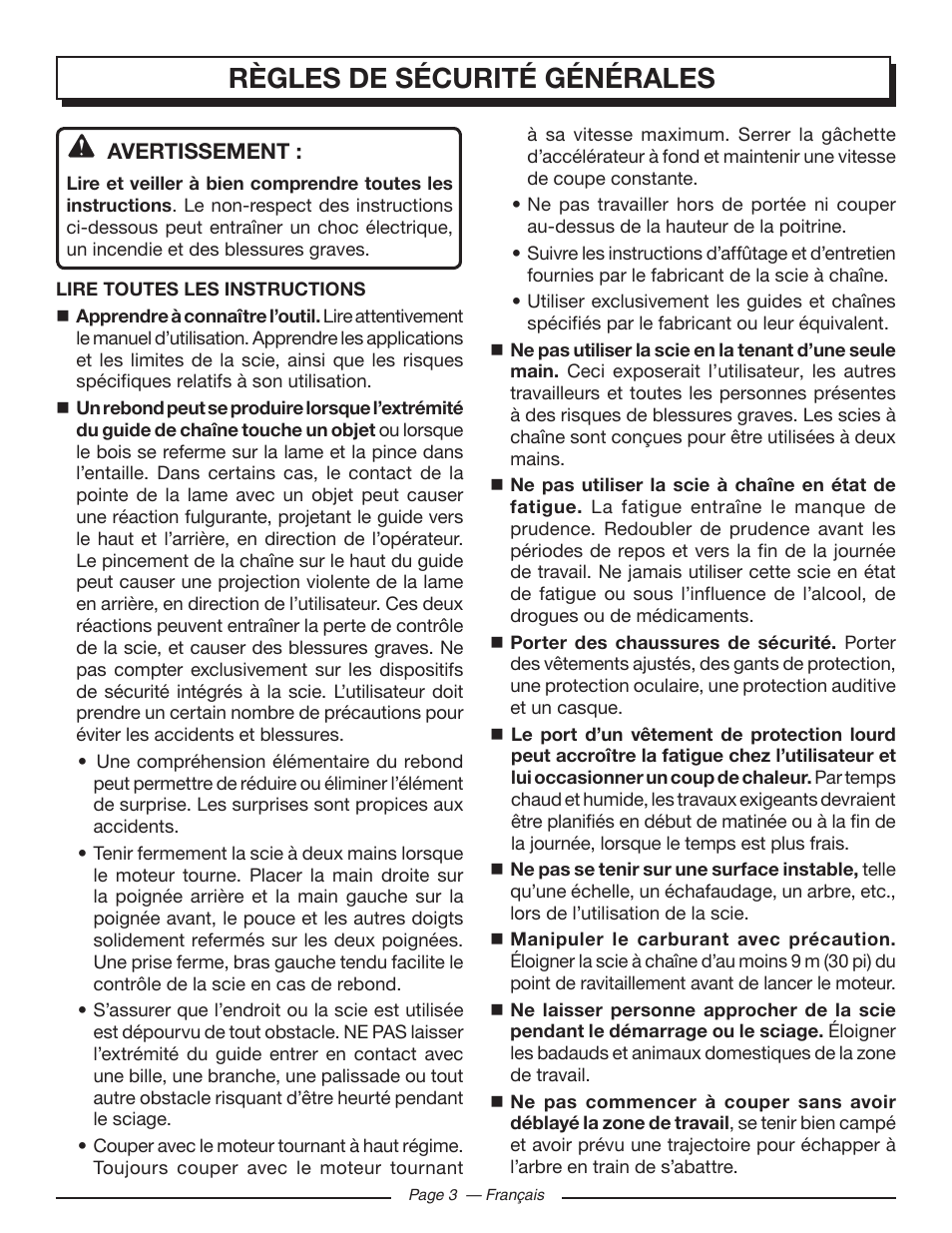 Règles de sécurité générales | Homelite UT10582 User Manual | Page 44 / 124