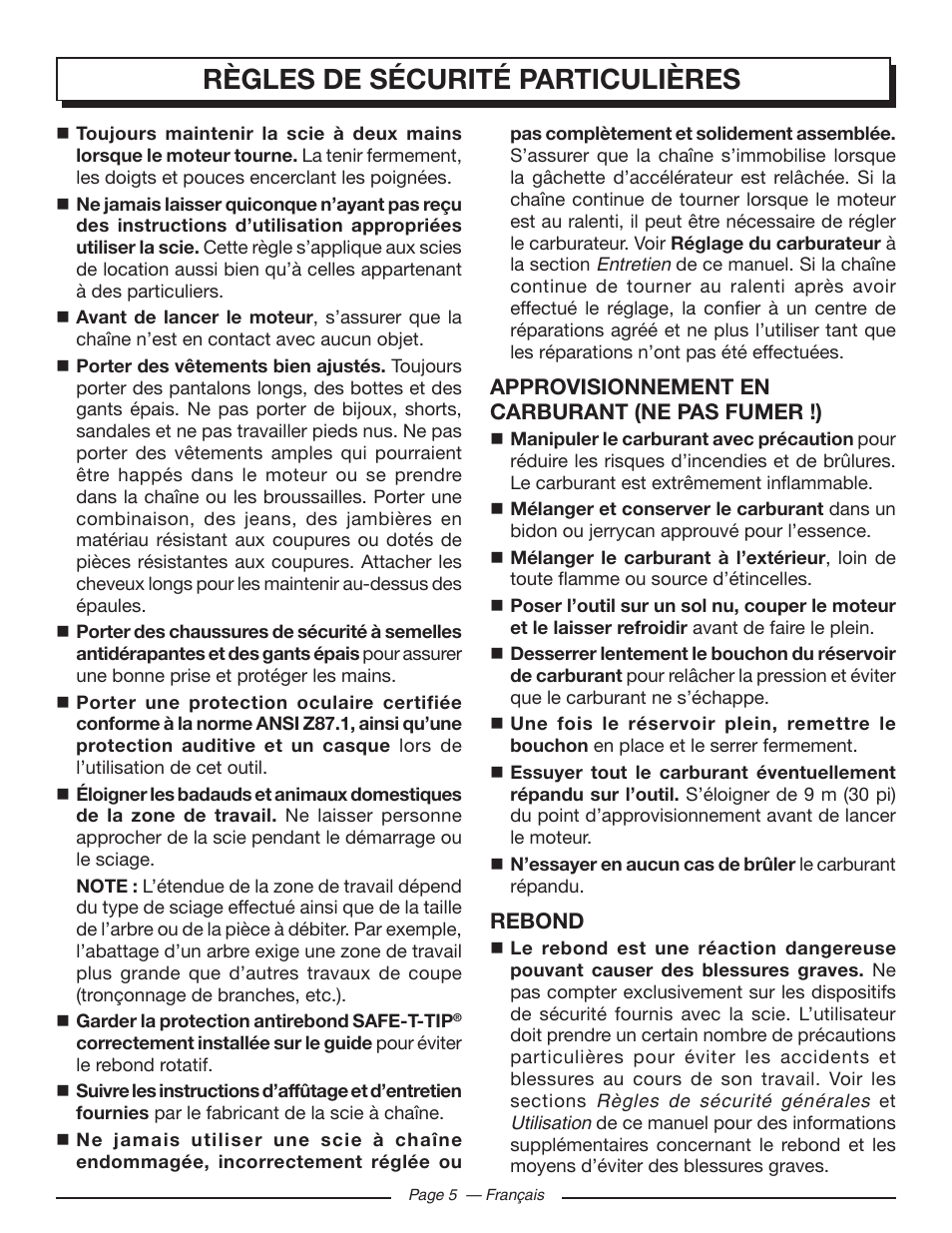 Règles de sécurité particulières | Homelite UT10582 User Manual | Page 46 / 124