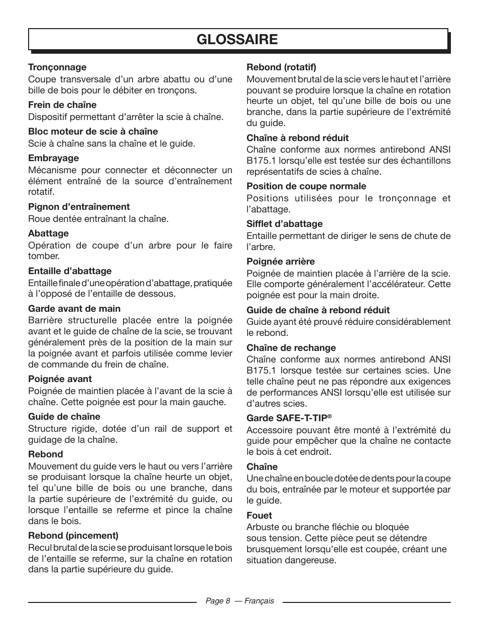 Glossaire | Homelite UT10582 User Manual | Page 49 / 124