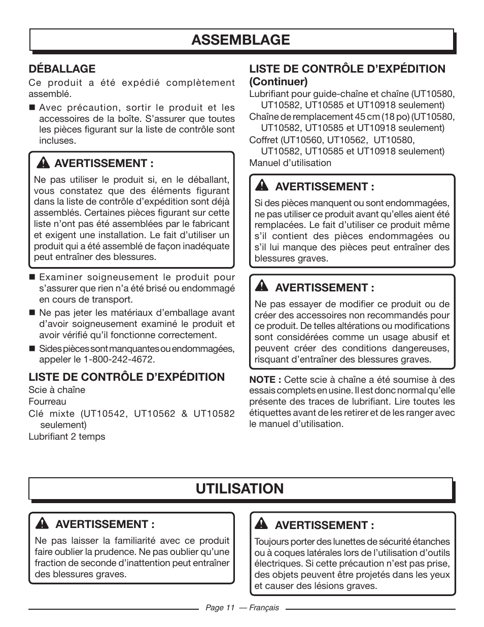 Assemblage utilisation | Homelite UT10582 User Manual | Page 52 / 124