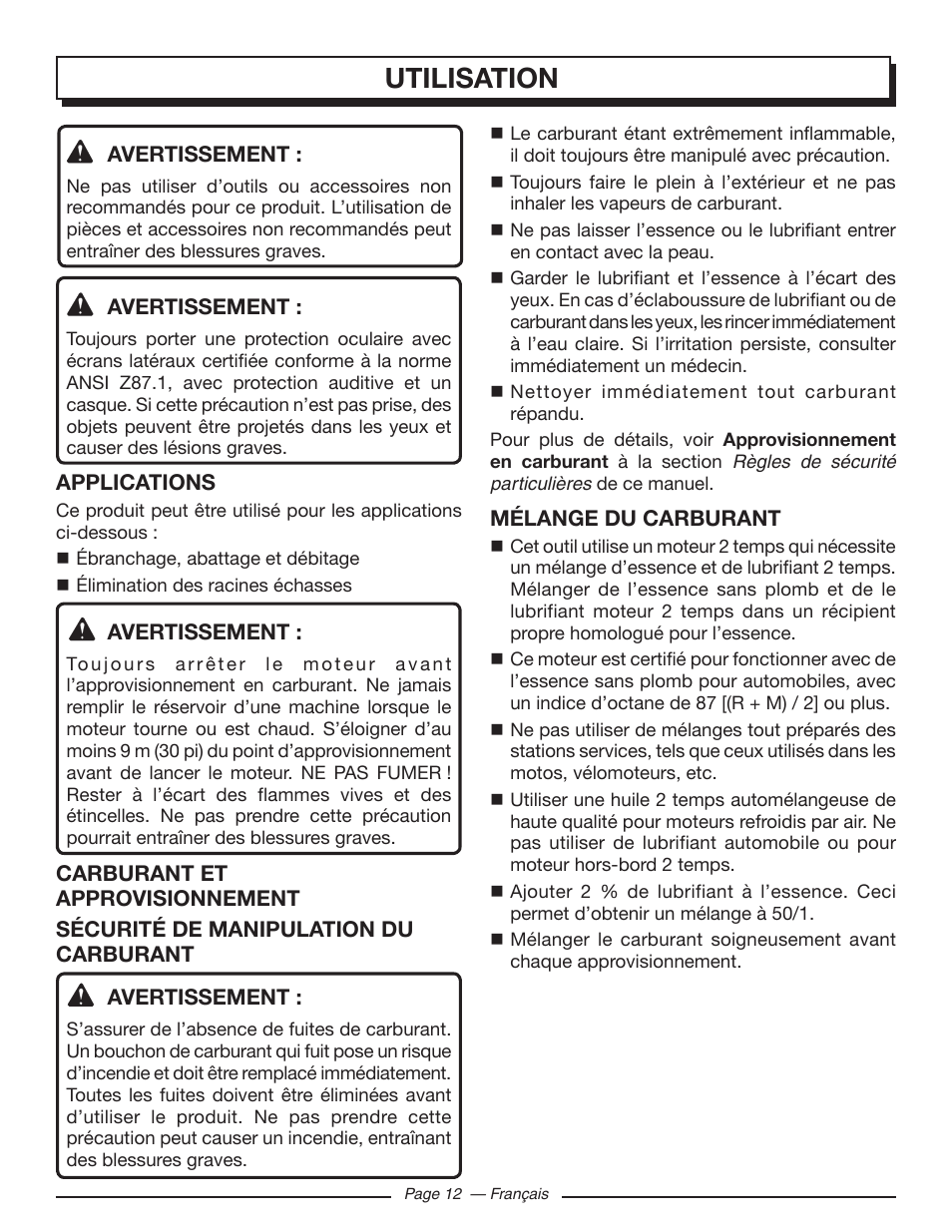 Utilisation | Homelite UT10582 User Manual | Page 53 / 124