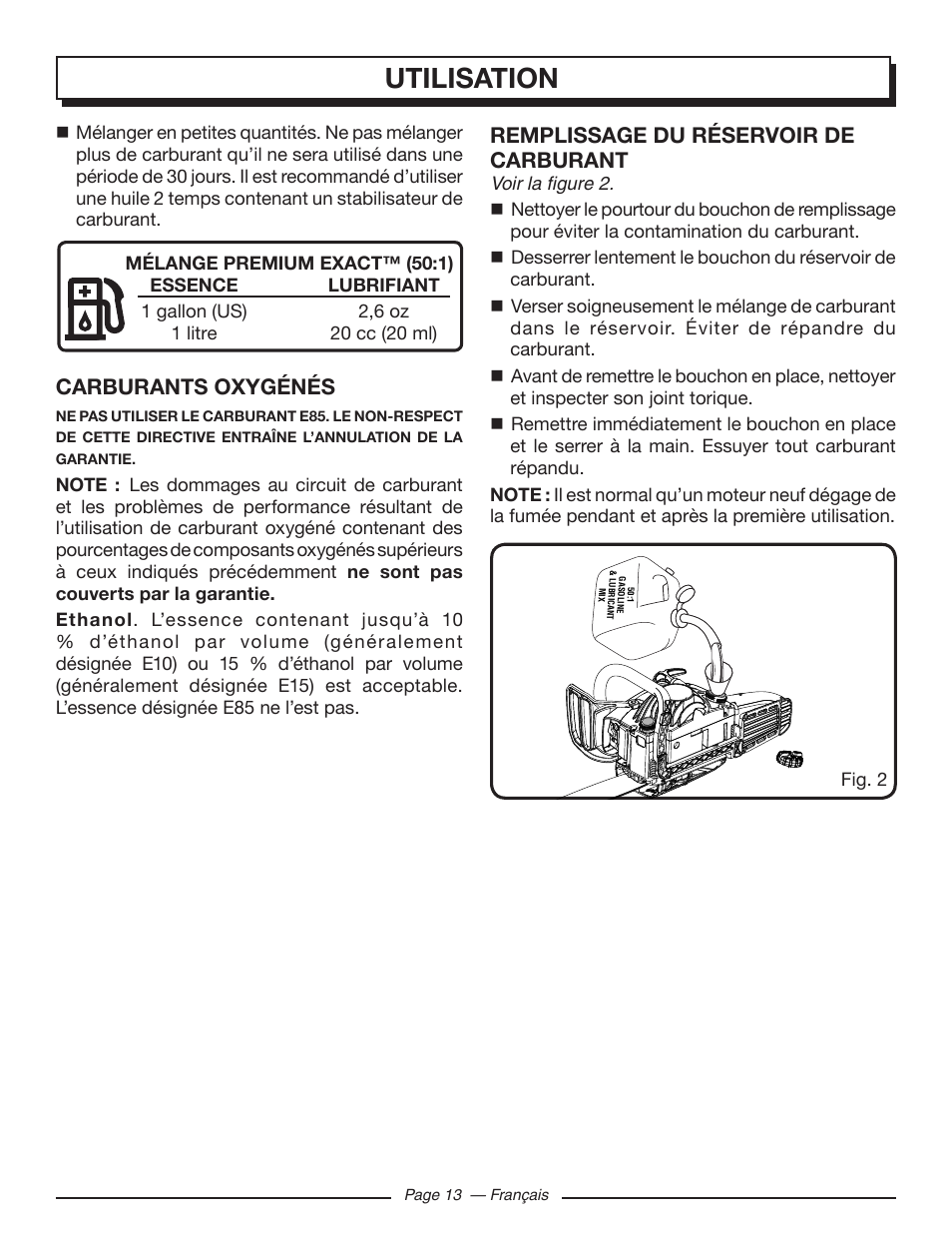 Utilisation, Carburants oxygénés, Remplissage du réservoir de carburant | Homelite UT10582 User Manual | Page 54 / 124