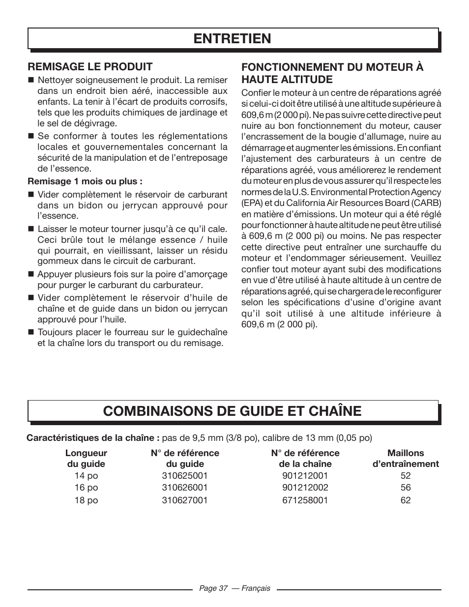 Entretien, Combinaisons de guide et chaîne | Homelite UT10582 User Manual | Page 78 / 124