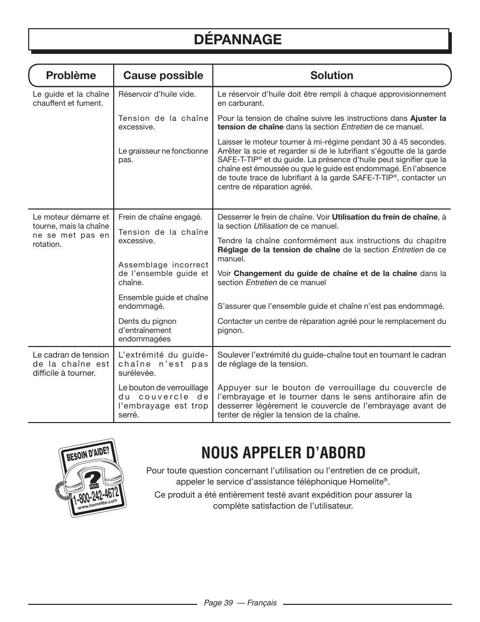 Nous appeler d’abord, Dépannage, Problème cause possible solution | Homelite UT10582 User Manual | Page 80 / 124