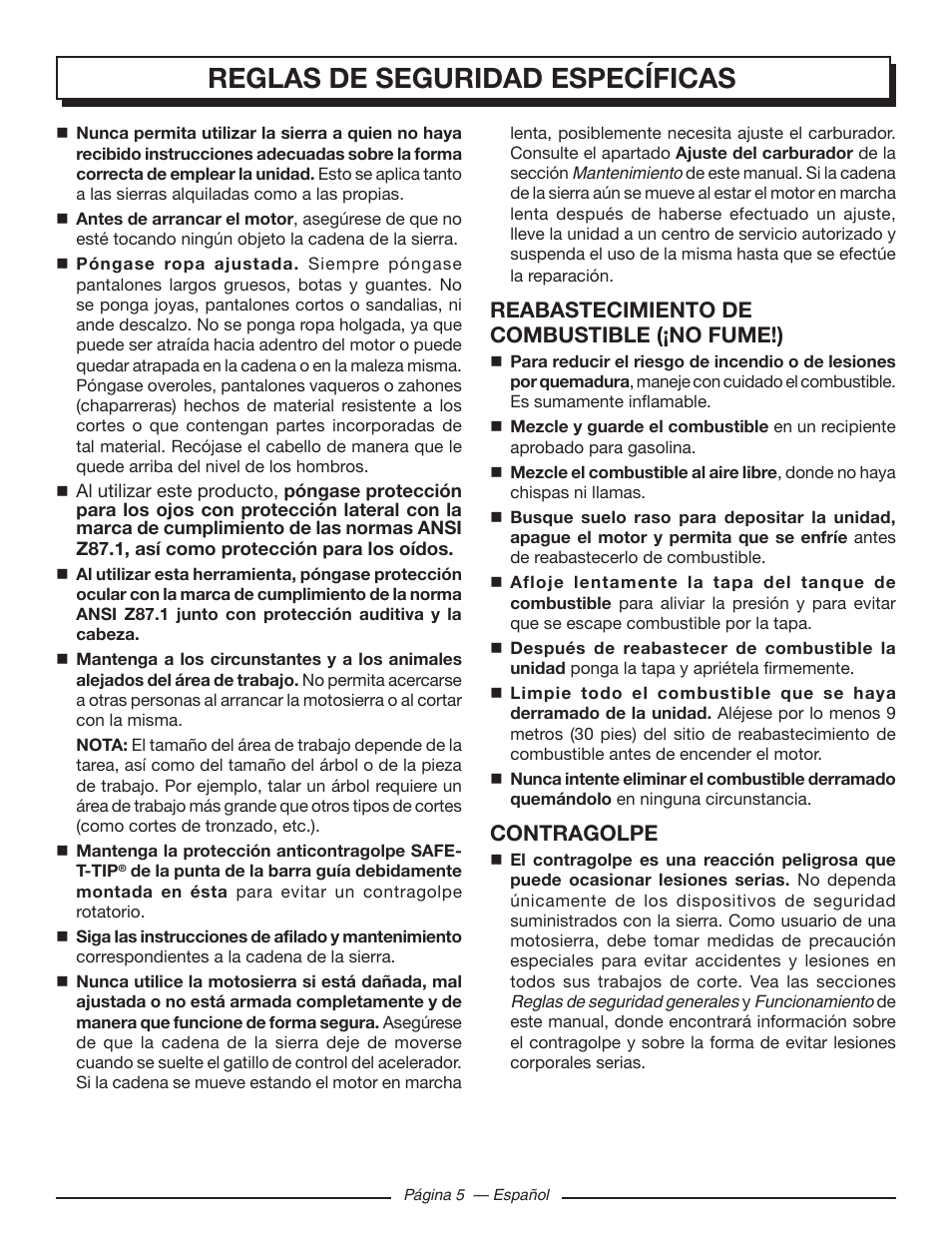 Reglas de seguridad específicas, Reabastecimiento de combustible (¡no fume!), Contragolpe | Homelite UT10582 User Manual | Page 86 / 124