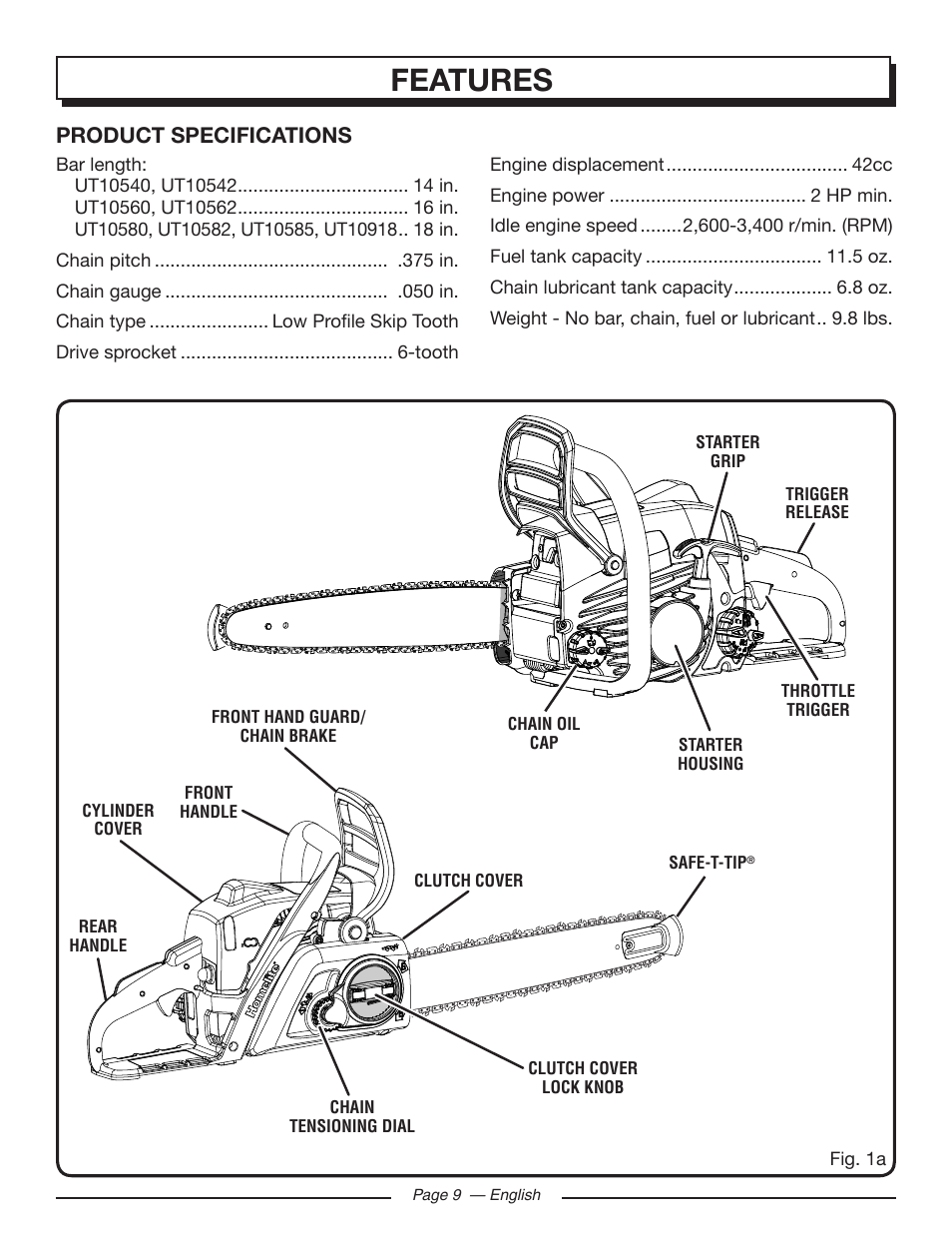 Features, Product specifications | Homelite UT10582 User Manual | Page 9 / 124