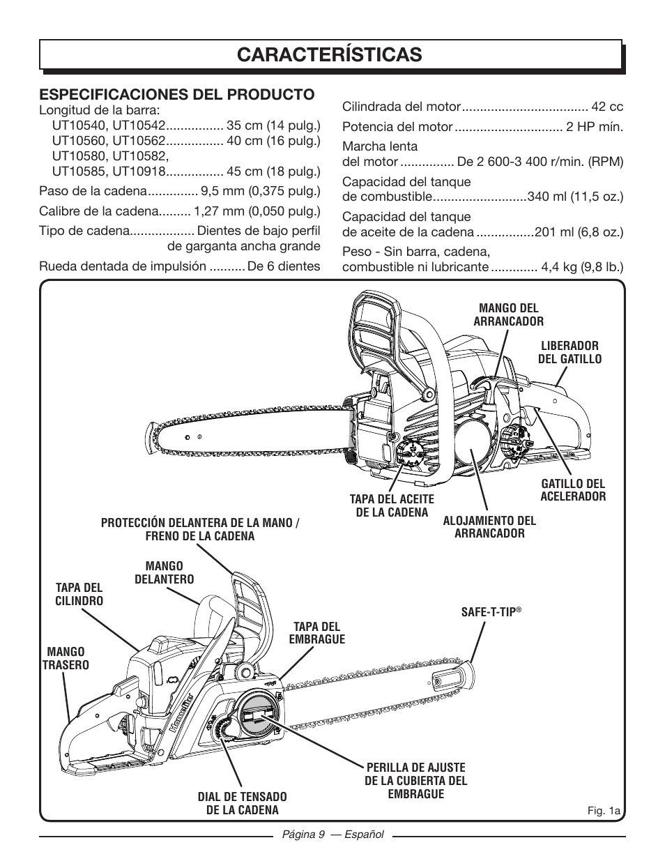 Características, Especificaciones del producto | Homelite UT10582 User Manual | Page 90 / 124