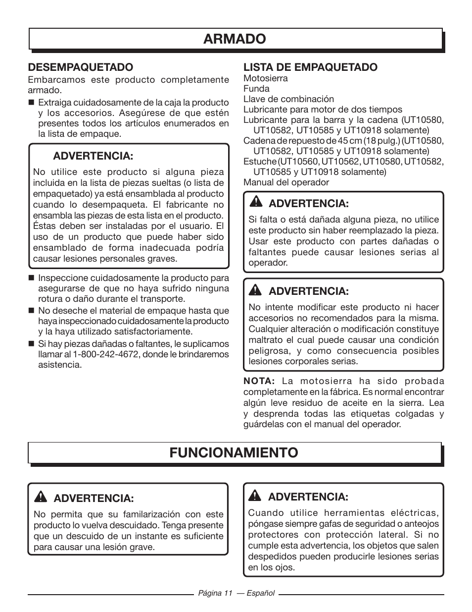 Armado funcionamiento | Homelite UT10582 User Manual | Page 92 / 124