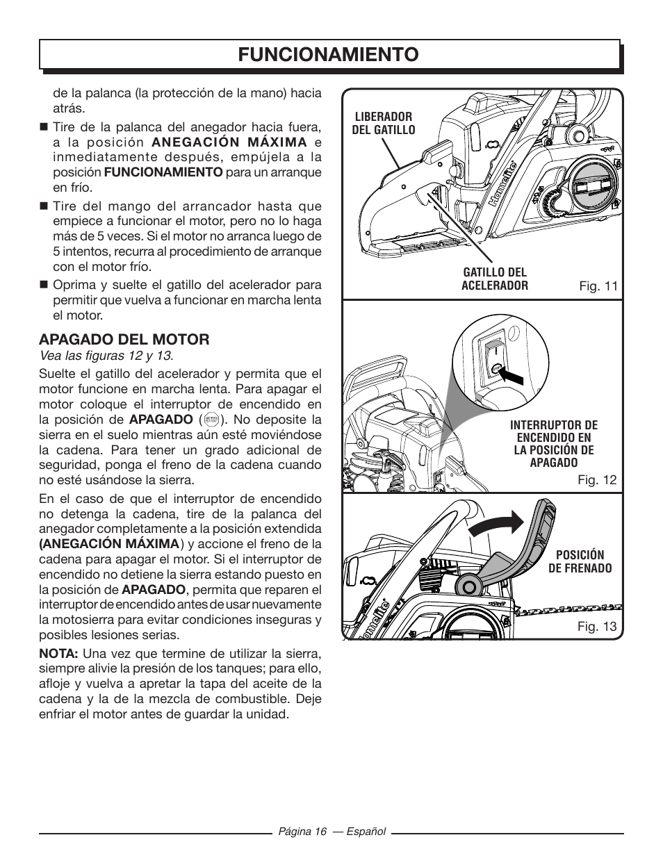 Funcionamiento, Apagado del motor | Homelite UT10582 User Manual | Page 97 / 124