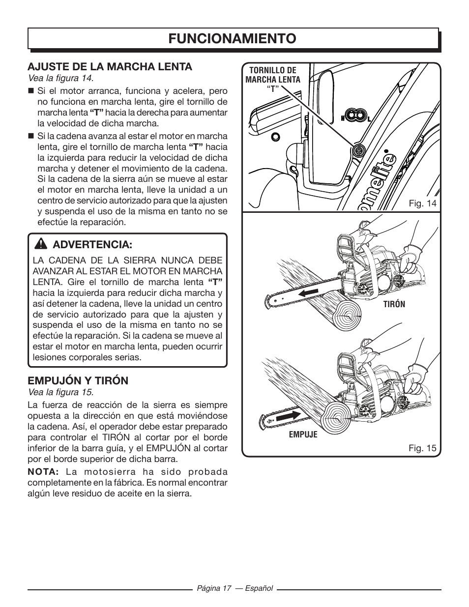 Funcionamiento | Homelite UT10582 User Manual | Page 98 / 124