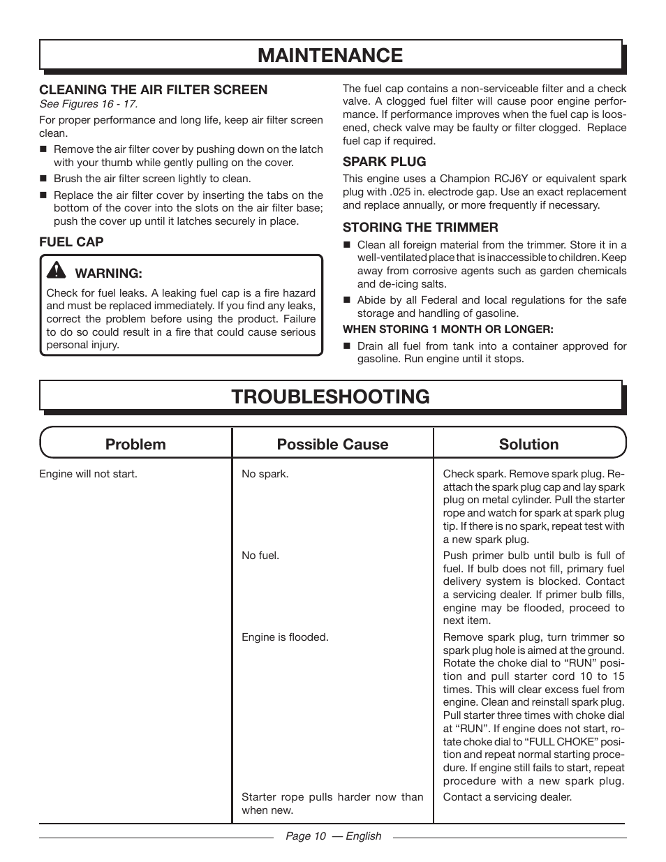 Maintenance, Troubleshooting, Problem possible cause solution | Homelite UT21006 User Manual | Page 14 / 44