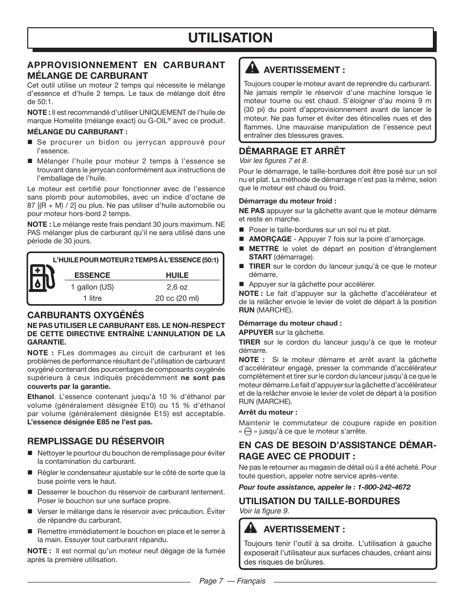 Utilisation, Avertissement, Démarrage et arrêt | Utilisation du taille-bordures, Carburants oxygénés, Remplissage du réservoir | Homelite UT21006 User Manual | Page 23 / 44