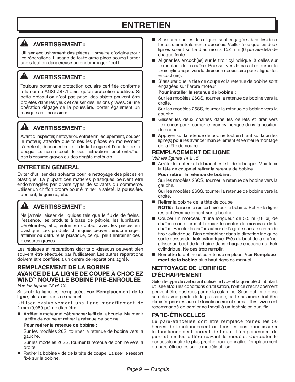 Entretien, Avertissement, Entretien général | Nouvelle bobine pré-enroulée, Remplacement de ligne, Nettoyage de l’orifice d’échappement, Pare-étincelles | Homelite UT21006 User Manual | Page 25 / 44