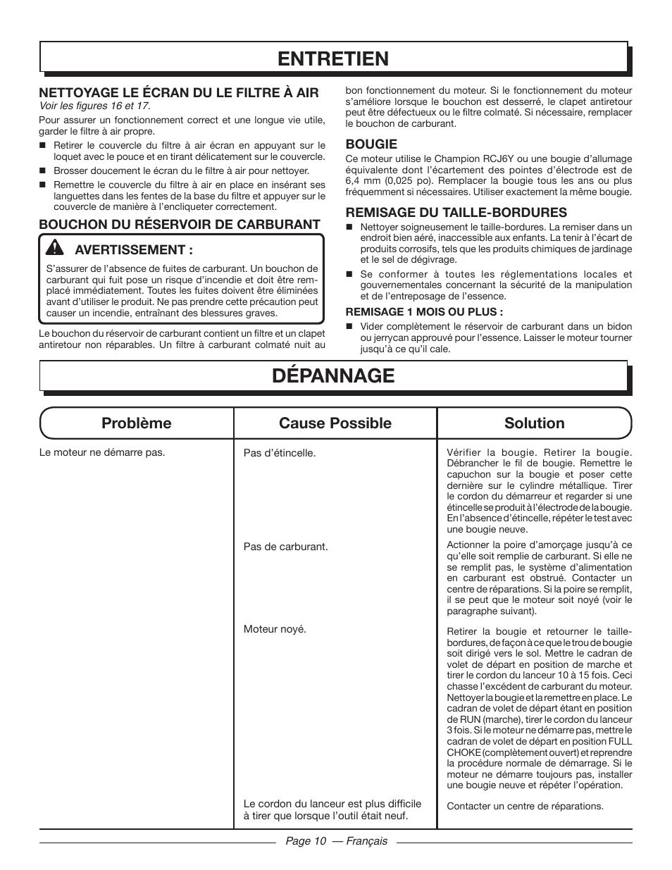 Dépannage, Entretien, Problème cause possible solution | Homelite UT21006 User Manual | Page 26 / 44