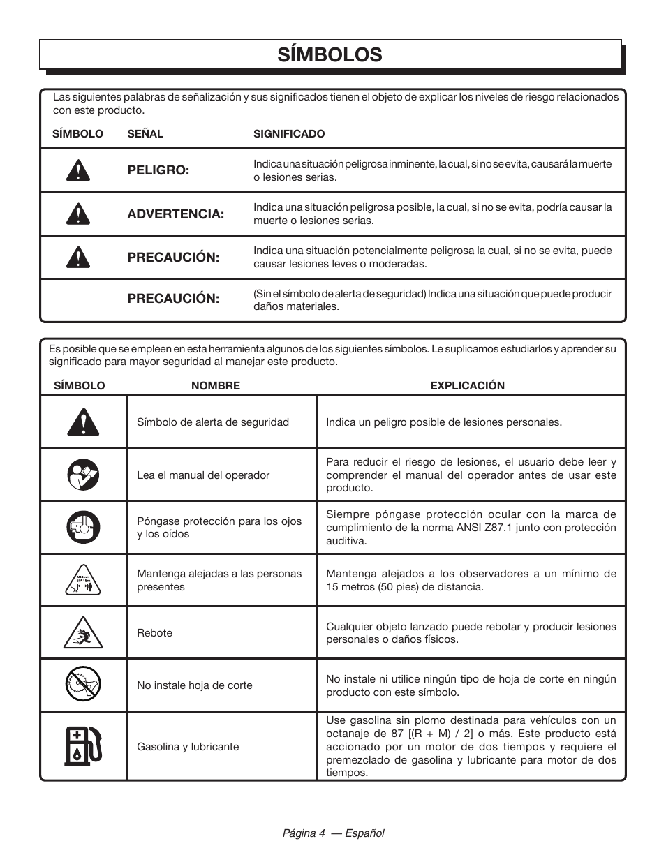 Símbolos | Homelite UT21006 User Manual | Page 32 / 44