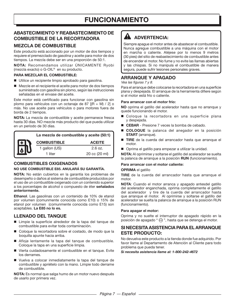 Funcionamiento, Advertencia, Arranque y apagado | Llenado del tanque | Homelite UT21006 User Manual | Page 35 / 44