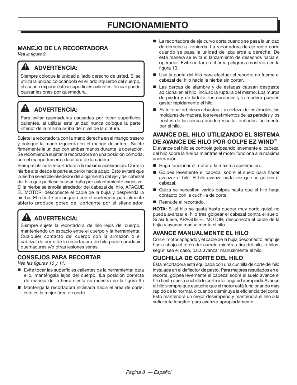Funcionamiento, Manejo de la recortadora, Advertencia | Consejos para recortar, Avance manualmente el hilo, Cuchilla de corte del hilo | Homelite UT21006 User Manual | Page 36 / 44