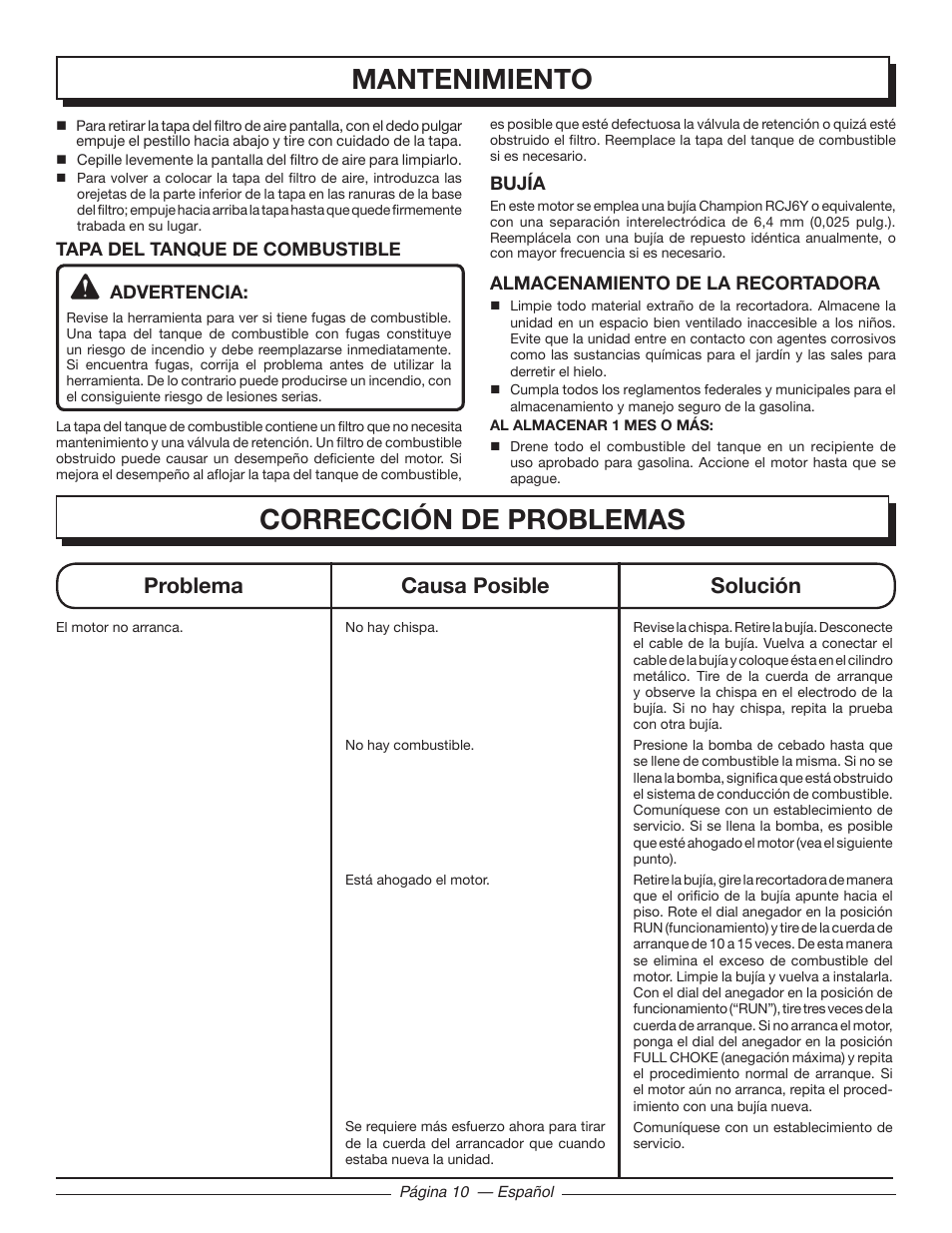 Corrección de problemas, Mantenimiento, Problema causa posible solución | Homelite UT21006 User Manual | Page 38 / 44