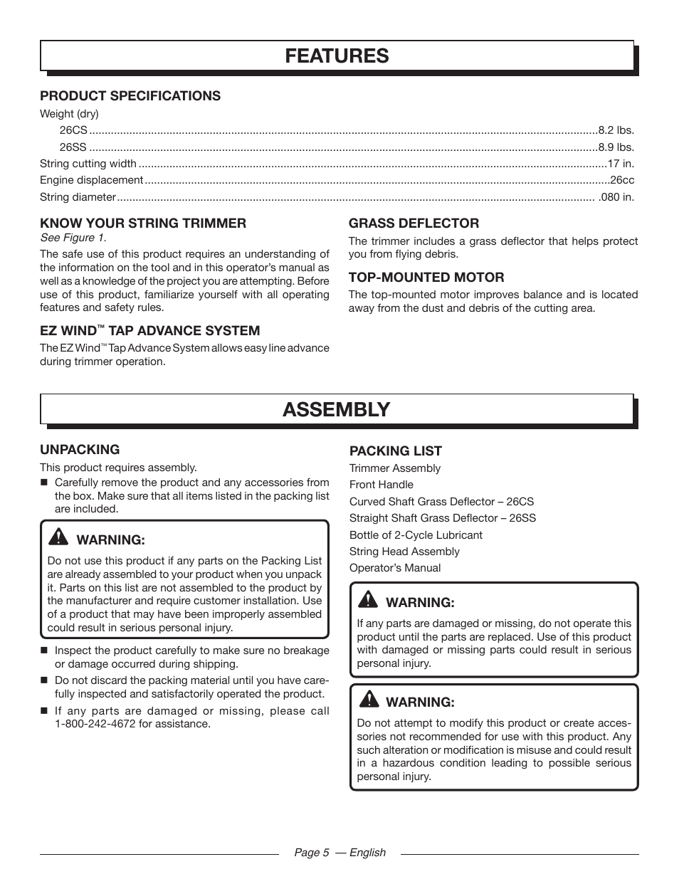 Features, Assembly | Homelite UT21006 User Manual | Page 9 / 44