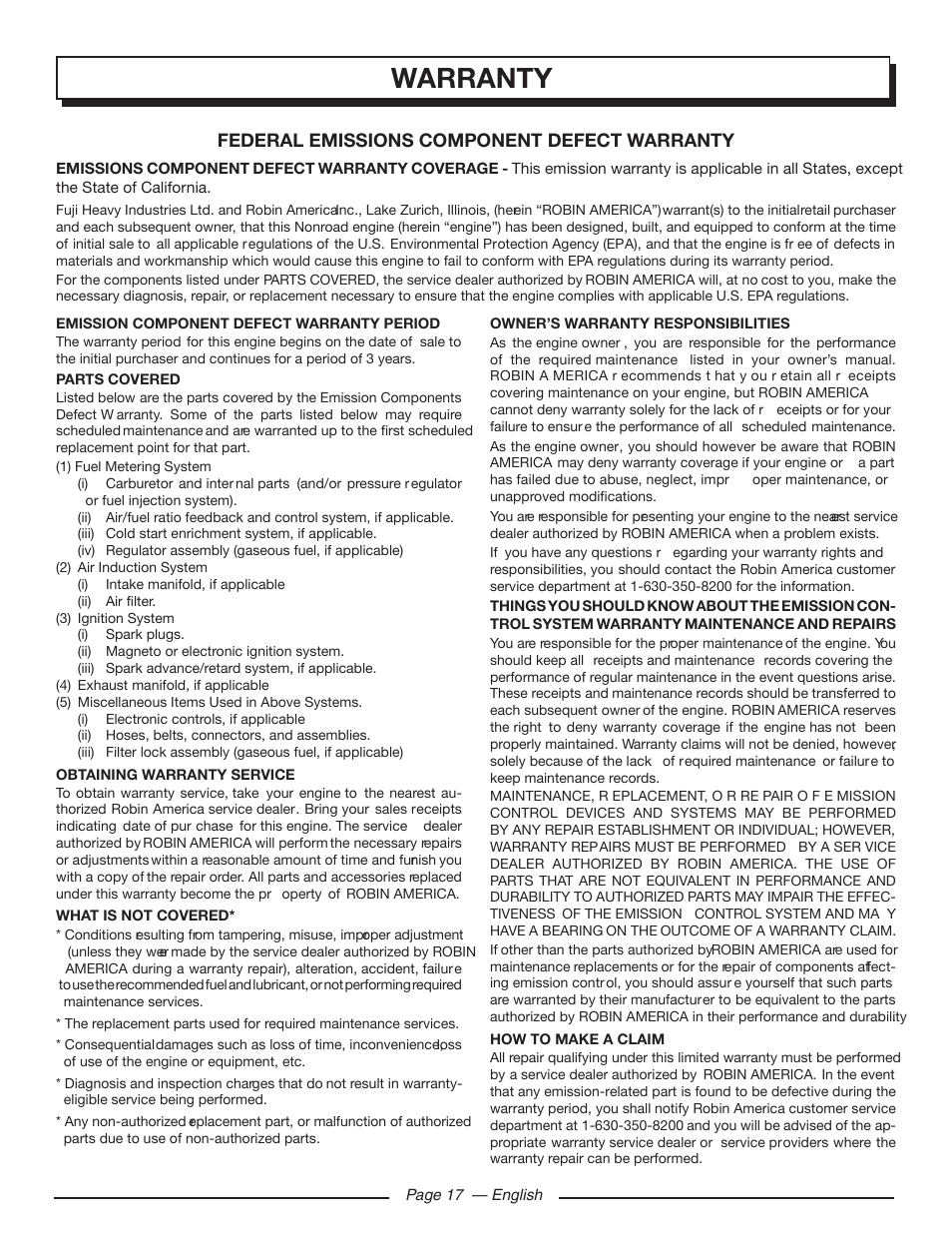 Warranty, Federal emissions component defect warranty | Homelite UT80709 User Manual | Page 23 / 66