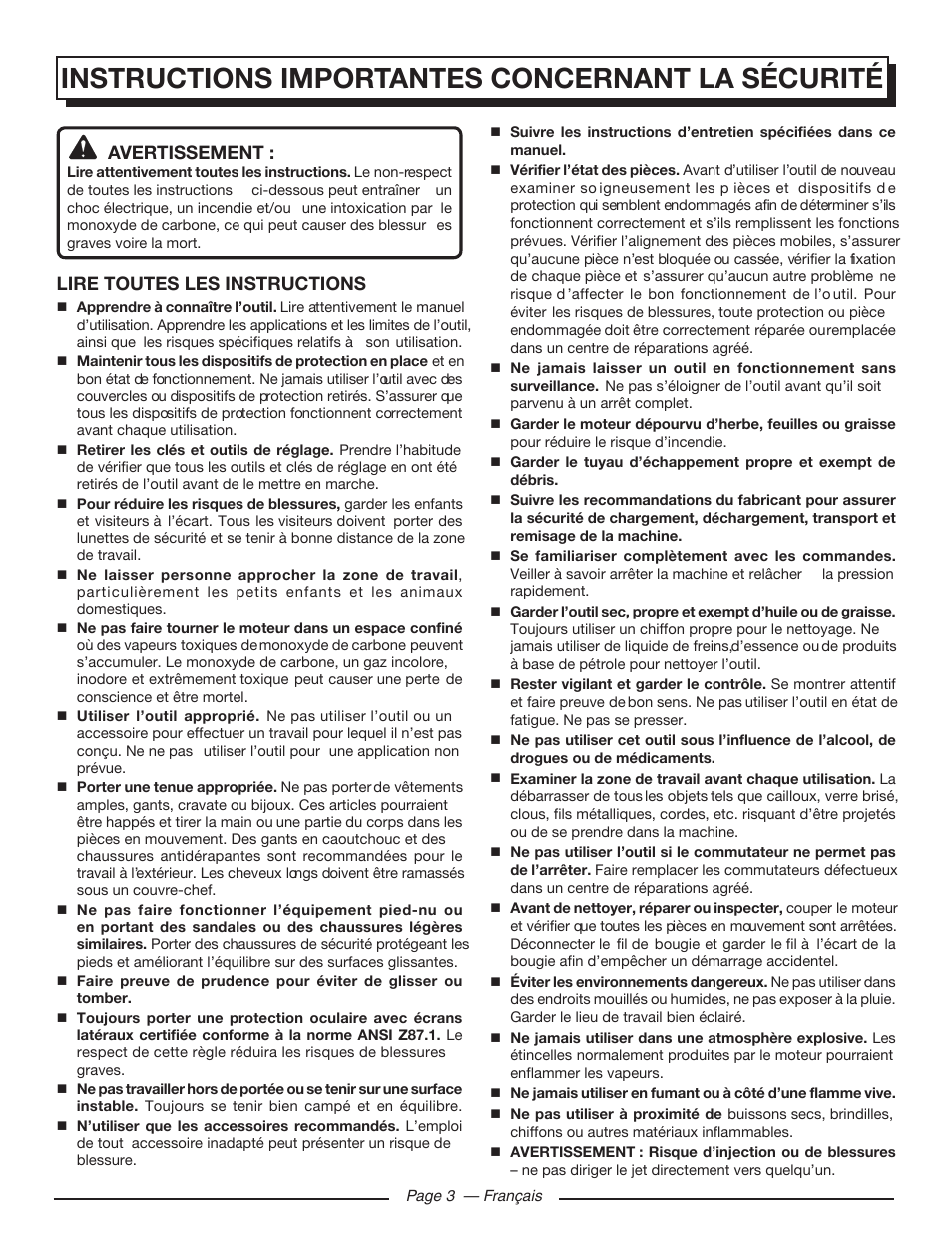Instructions importantes concernant la sécurité, Avertissement, Lire toutes les instructions | Homelite UT80709 User Manual | Page 28 / 66