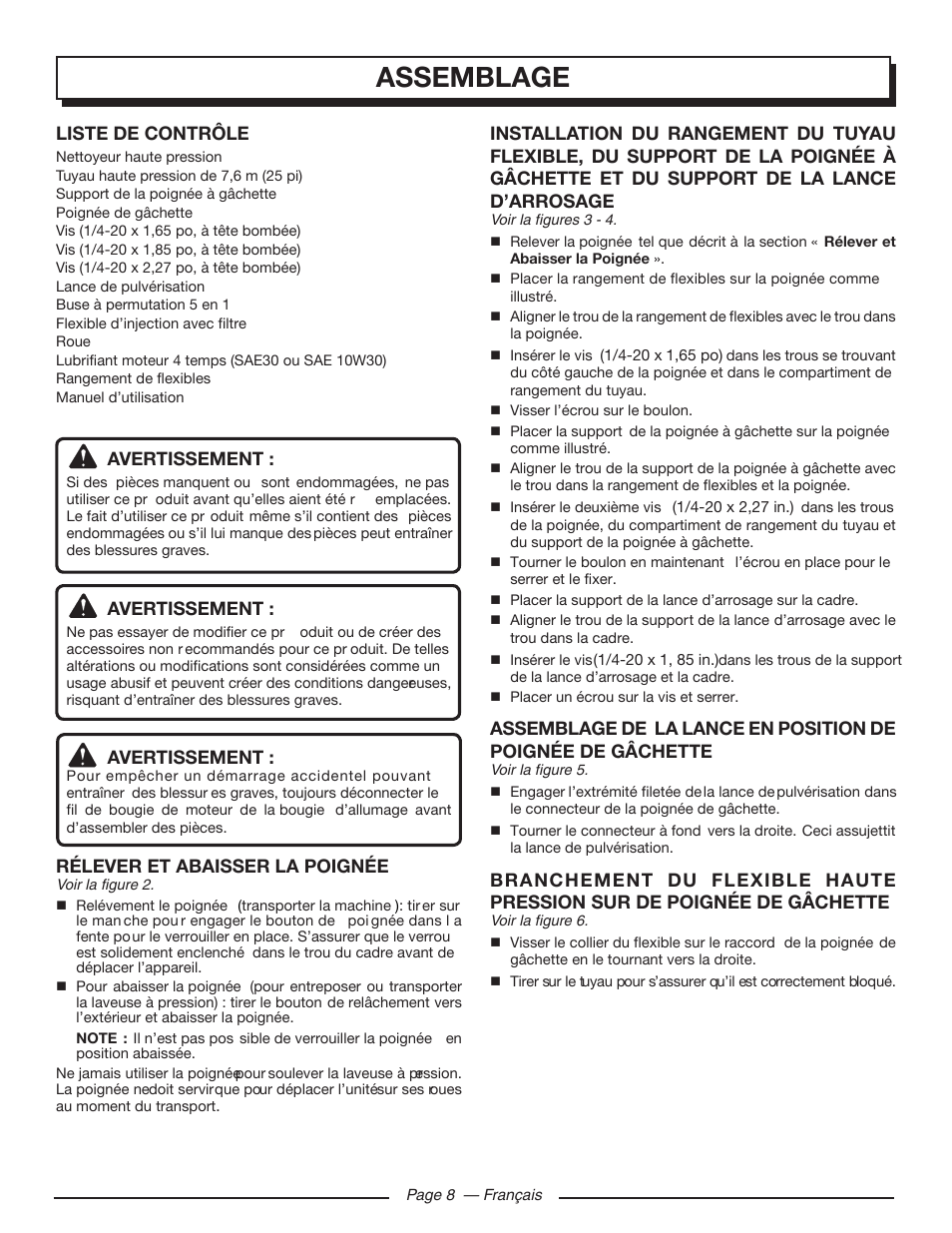 Assemblage, Liste de contrôle, Avertissement | Rélever et abaisser la poignée | Homelite UT80709 User Manual | Page 33 / 66