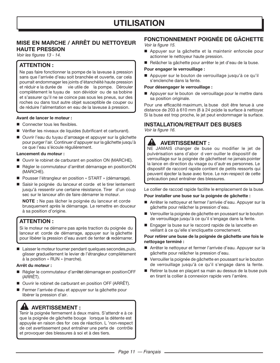 Utilisation, Mise en marche / arrêt du nettoyeur haute pression, Attention | Avertissement, Fonctionnement poignée de gâchette, Installation/retrait des buses | Homelite UT80709 User Manual | Page 36 / 66