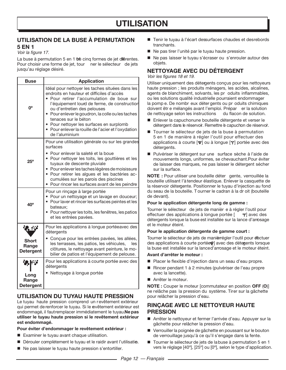 Utilisation, Utilisation de la buse à permutation 5 en 1, Utilisation du tuyau haute pression | Nettoyage avec du détergent, Rinçage avec le nettoyeur haute pression | Homelite UT80709 User Manual | Page 37 / 66