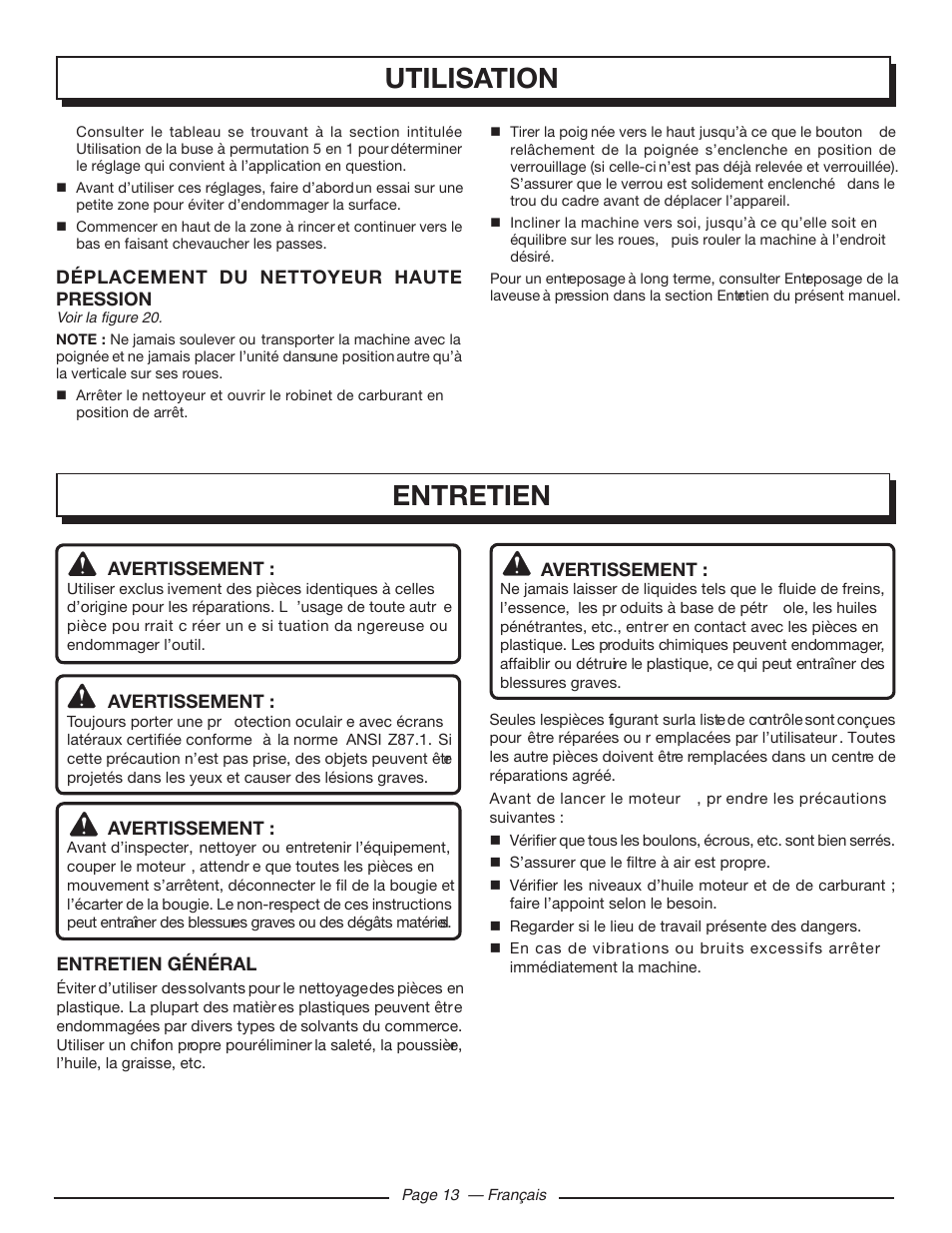 Entretien, Utilisation | Homelite UT80709 User Manual | Page 38 / 66