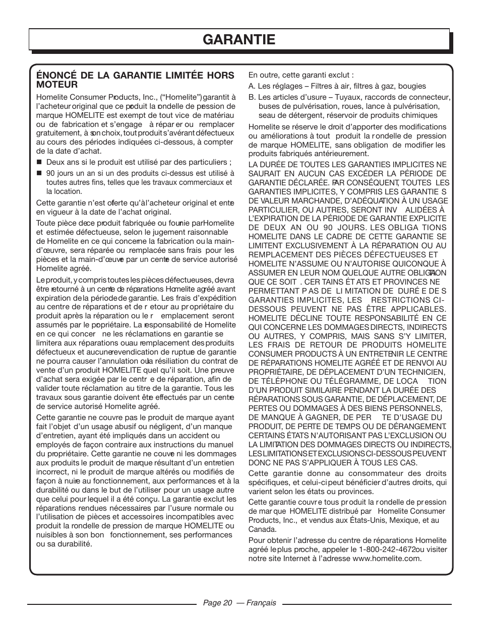 Garantie | Homelite UT80709 User Manual | Page 45 / 66
