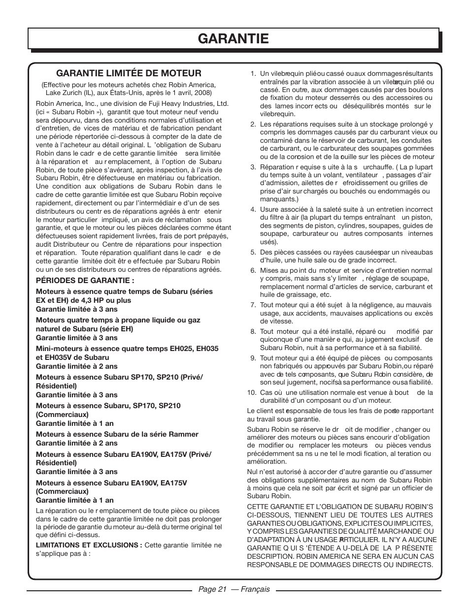 Garantie, Garantie limitée de moteur | Homelite UT80709 User Manual | Page 46 / 66