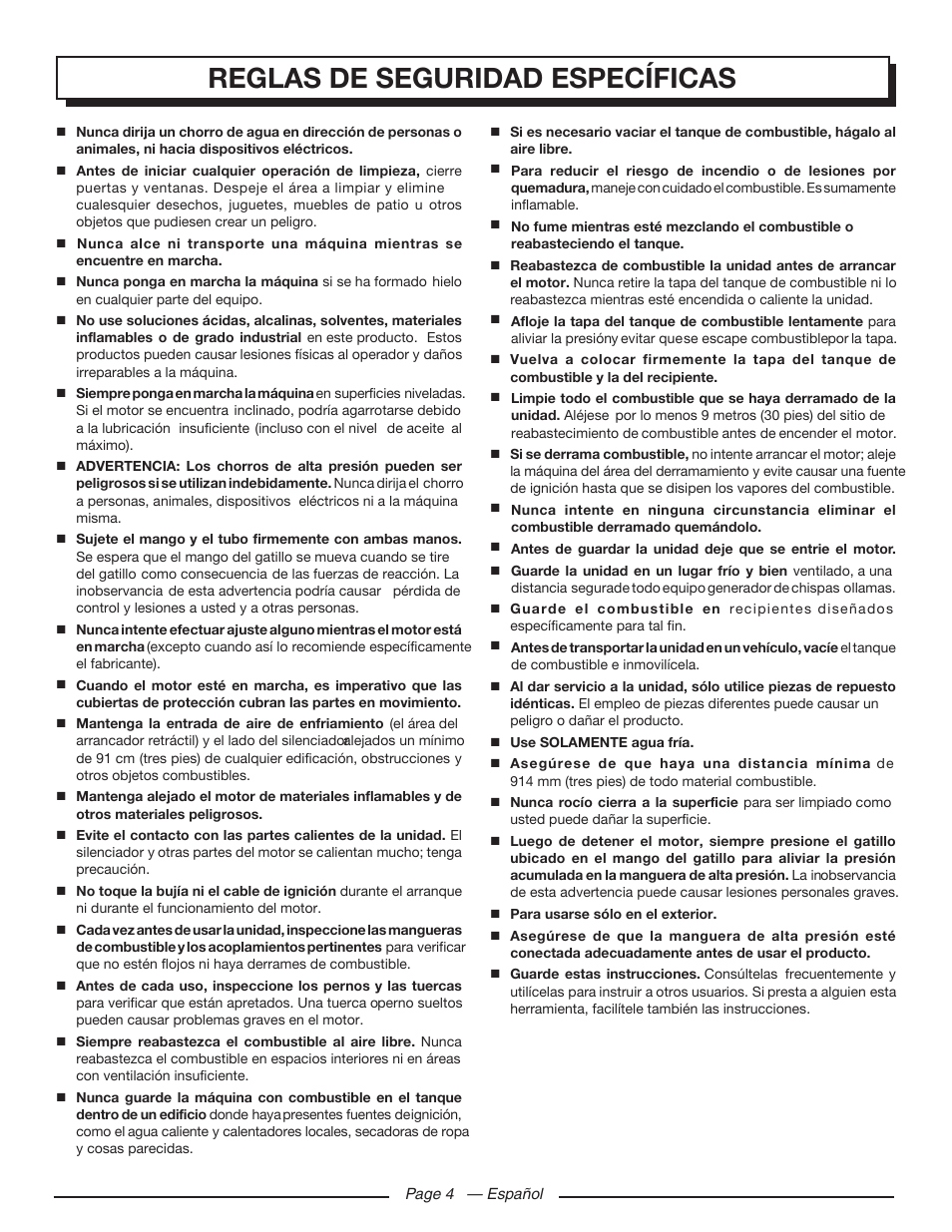 Reglas de seguridad específicas | Homelite UT80709 User Manual | Page 48 / 66