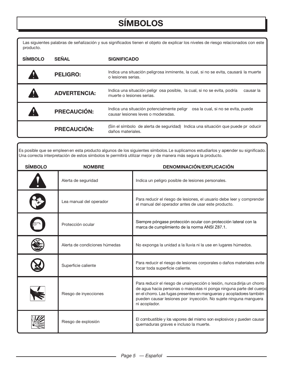 Símbolos | Homelite UT80709 User Manual | Page 49 / 66