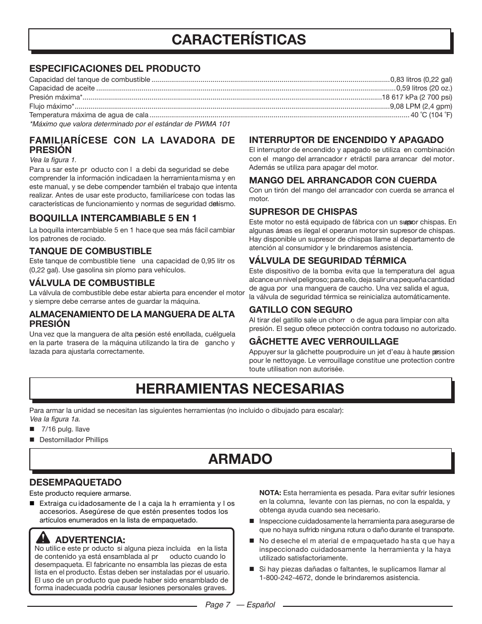 Características, Herramientas necesarias armado | Homelite UT80709 User Manual | Page 51 / 66