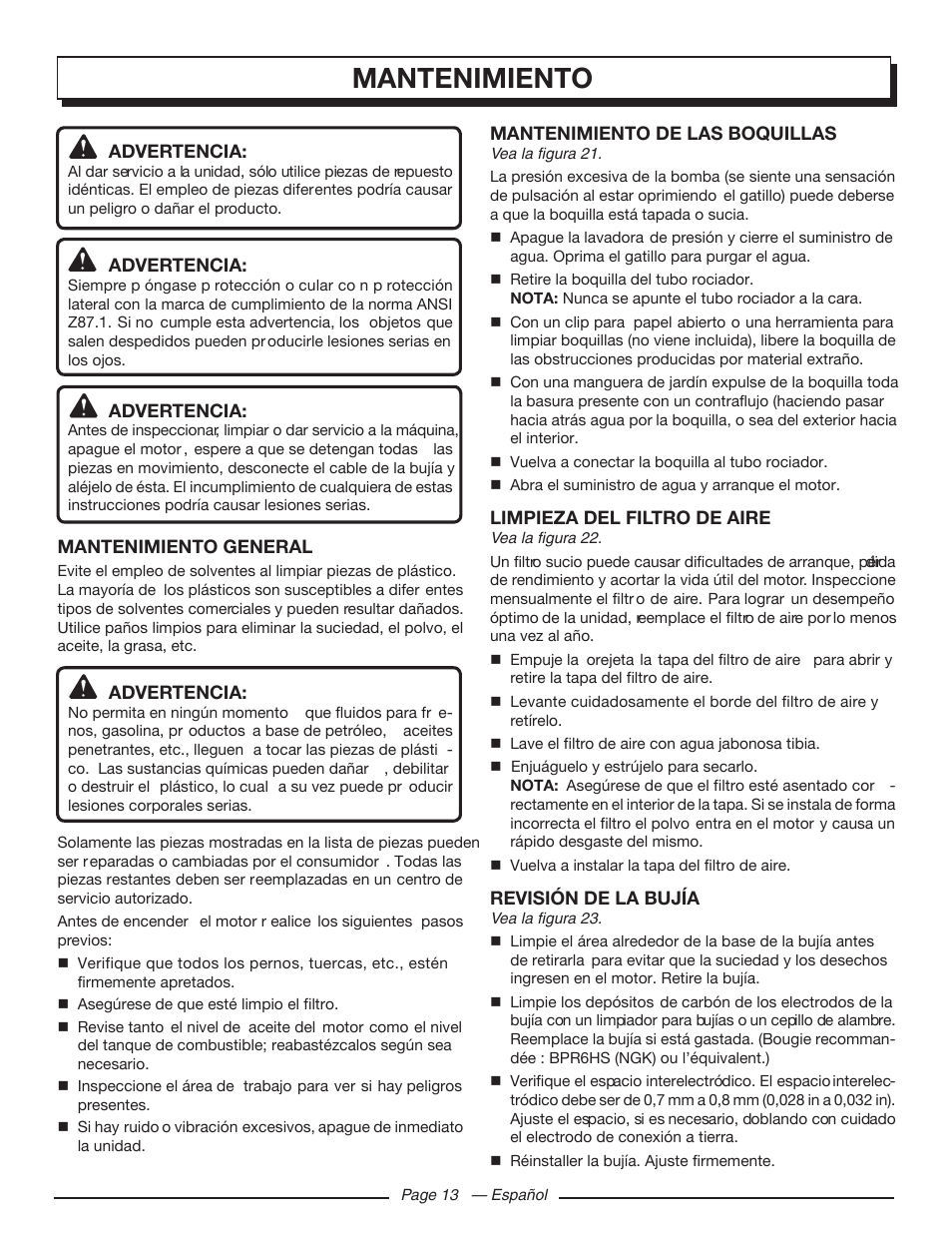 Mantenimiento | Homelite UT80709 User Manual | Page 57 / 66