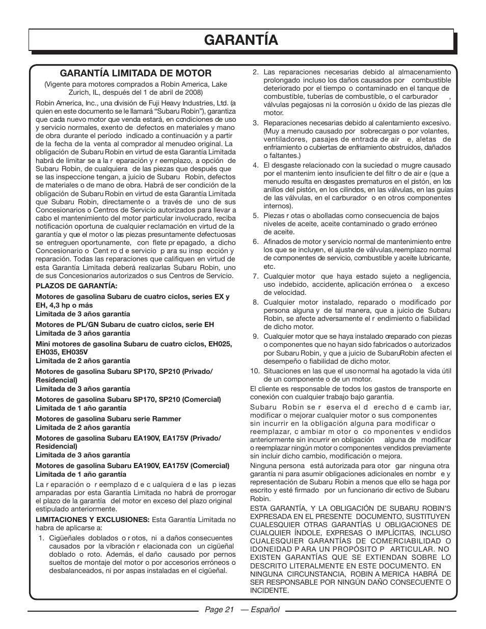 Garantía, Garantía limitada de motor | Homelite UT80709 User Manual | Page 65 / 66